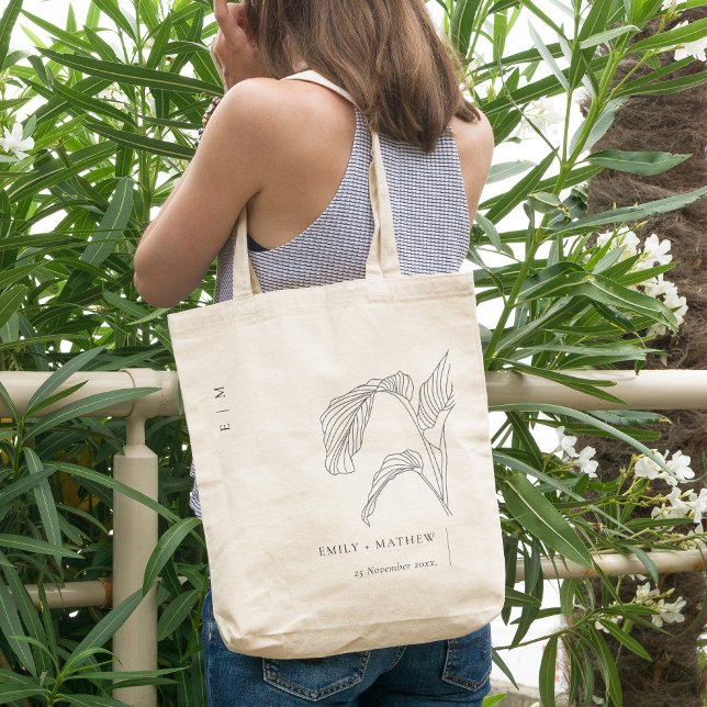 Minimal Leafy Palm Sketch Black White Wedding Tote Bag (Creator Uploaded)