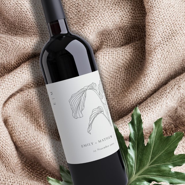 Minimal Leafy Palm Sketch Black White Wedding Wine Label (Creator Uploaded)