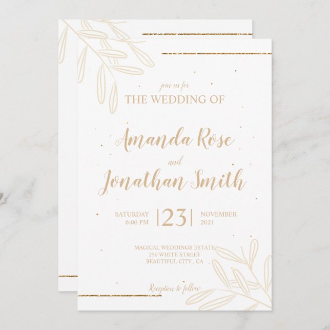Minimal leaves and glitter invitation (Front/Back)