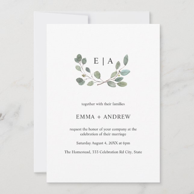 Minimal Leaves Watercolor Laurel Wedding Invite (Front)