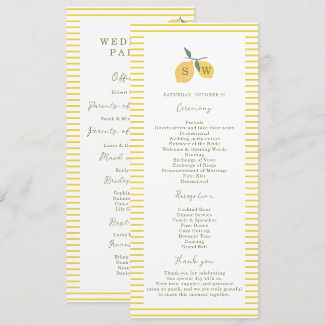 Minimal Lemon Amalfi Coast Wedding Program Card (Front/Back)