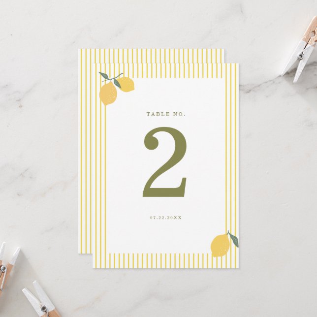 Minimal Lemon Amalfi Coast Wedding Table Number (Front/Back In Situ)