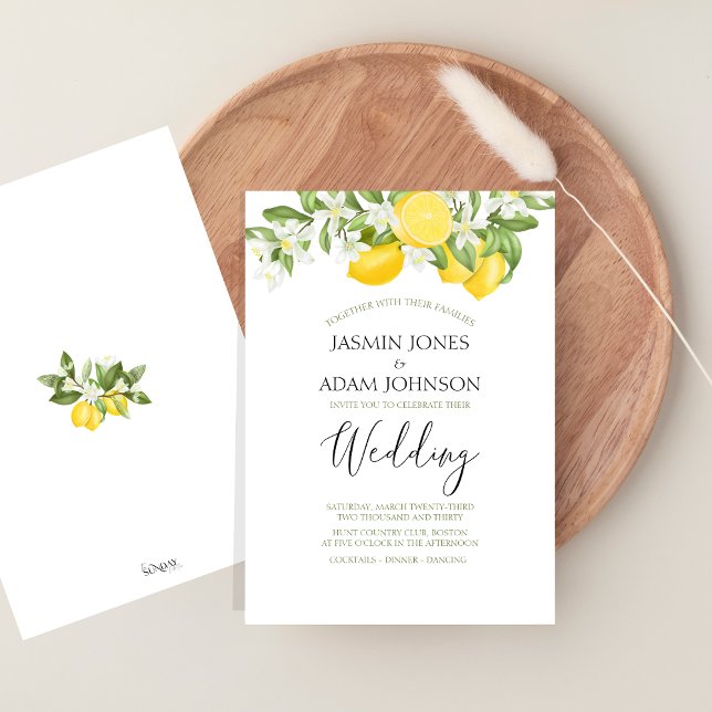 Minimal Lemon and Greenery Summer Wedding Invitation (Citrus Lemons and Greenery Summer Fruits Wedding Invitation)