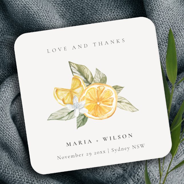 Minimal Lemon Botanical Boho Love Thanks Wedding Square Paper Coaster (Creator Uploaded)
