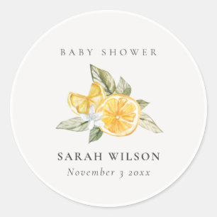 Minimal Lemon Botanical Leafy Boho Baby Shower Classic Round Sticker