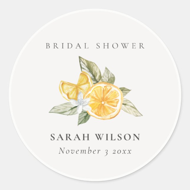 Minimal Lemon Botanical Leafy Boho Bridal Shower Classic Round Sticker (Front)