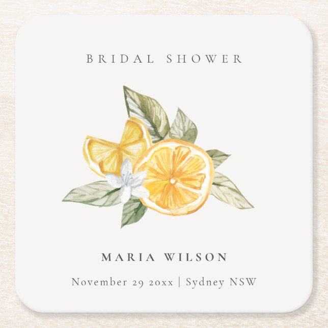 Minimal Lemon Foliage Boho Couples Shower Welcome Square Paper Coaster (Front)