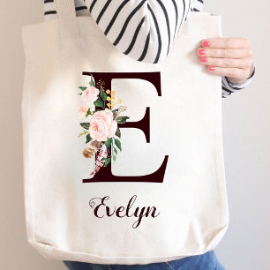 Minimal Letter E Blush Floral Personalised Gift Tote Bag