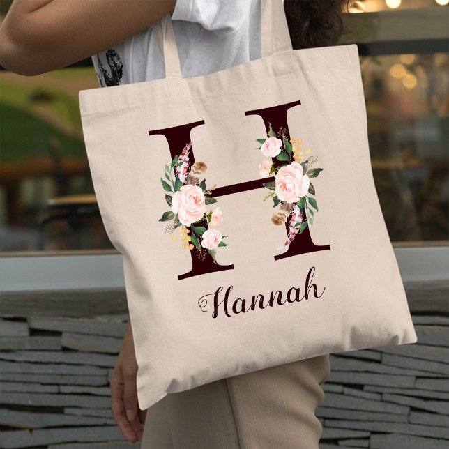 Minimal Letter H Blush Floral Personalised Gift Tote Bag (Creator Uploaded)
