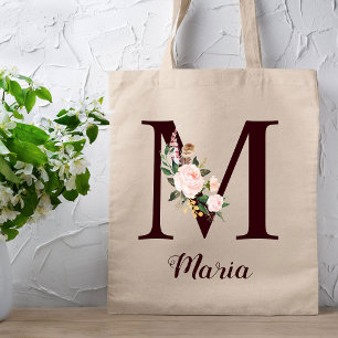 Minimal Letter M Blush Floral Personalised Gift Tote Bag