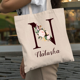 Minimal Letter N Blush Floral Personalised Gift Tote Bag