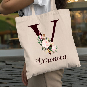 Minimal Letter V Blush Floral Personalised Gift Tote Bag