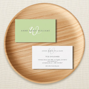Minimal Light Green White Script Monogram Business Card