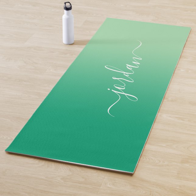 Minimal Light to Dark Green Gradient Script Name Yoga Mat (In Situ)