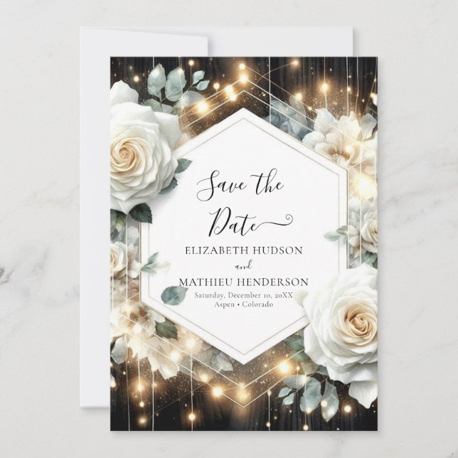 Minimal Lights White Roses Wedding Save The Date (Front)