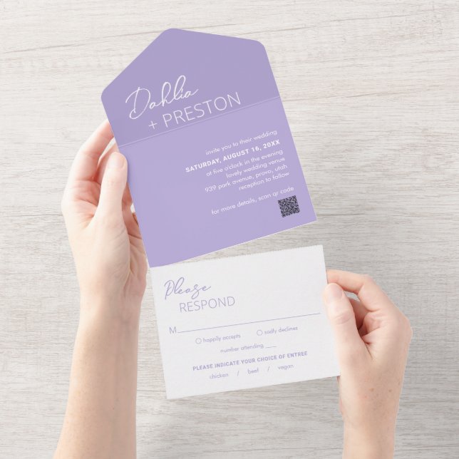 Minimal Lilac QR Code Modern Wedding All In One Invitation (Tearaway)