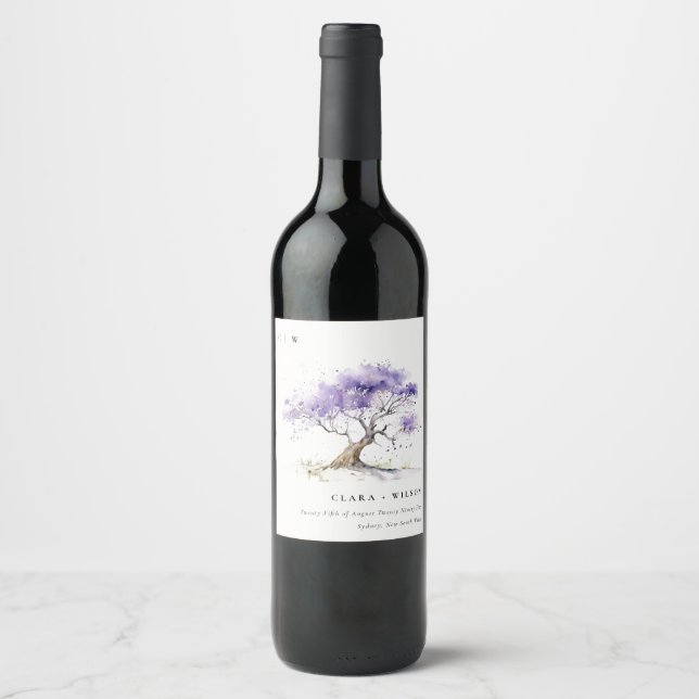 Minimal Lilac Watercolor Jacaranda Tree Wedding Wine Label (Front)