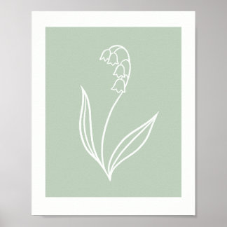 Minimal Lily of the Valley Line Art on Sage Green Poster