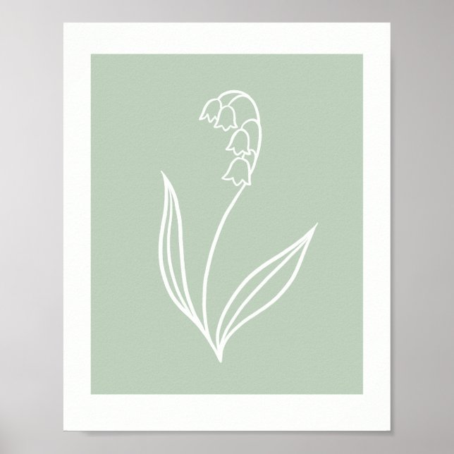 Minimal Lily of the Valley Line Art on Sage Green  Poster (Front)