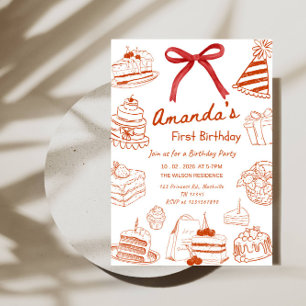 Minimal Line Art Birthday Cake Baby’s 1st Birthday Invitation