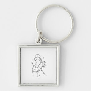 Minimal Line Art Couple Forehead Kiss Key Ring