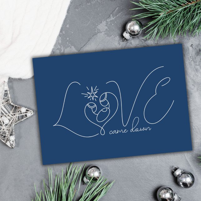 Minimal Line Art Holy Family Love Religious Blue Holiday Card (Creator Uploaded)