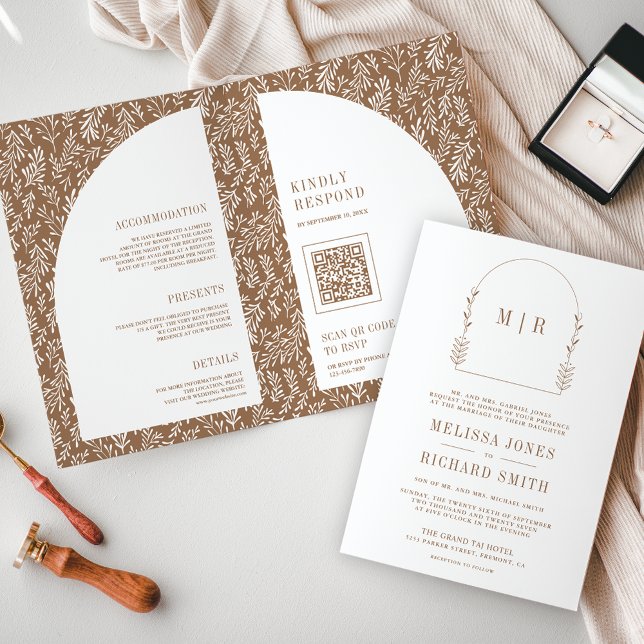 Minimal Line Art Leaf Arch Beige Wedding Invitation (Creator Uploaded)