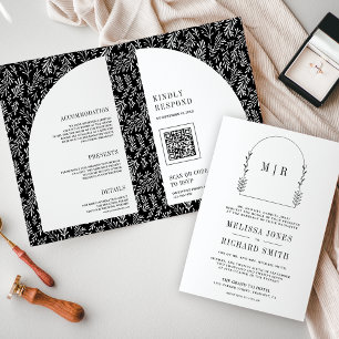 Minimal Line Art Leaf Arch Black and White Wedding Invitation
