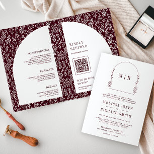 Minimal Line Art Leaf Arch Burgundy Wedding Invitation