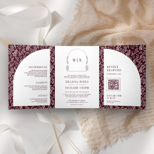 Minimal Line Art Leaf Arch Burgundy Wedding Tri-Fold Invitation