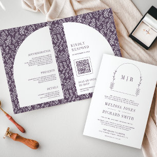 Minimal Line Art Leaf Arch Dusty Purple Wedding Invitation
