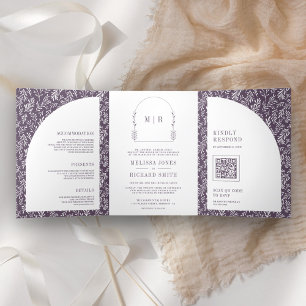Minimal Line Art Leaf Arch Dusty Purple Wedding Tri-Fold Invitation