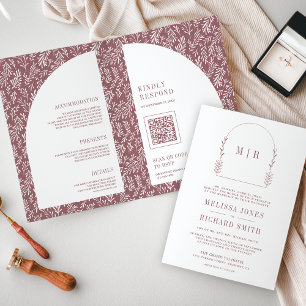Minimal Line Art Leaf Arch Dusty Rose Wedding Invitation