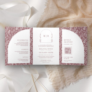 Minimal Line Art Leaf Arch Dusty Rose Wedding Tri-Fold Invitation