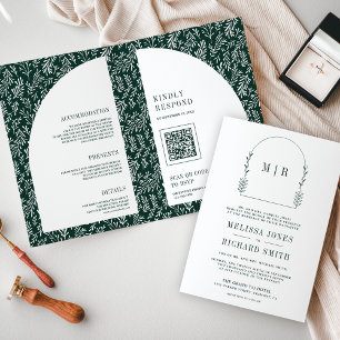 Minimal Line Art Leaf Arch Emerald Green Wedding Invitation