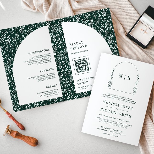 Minimal Line Art Leaf Arch Emerald Green Wedding Invitation (Creator Uploaded)