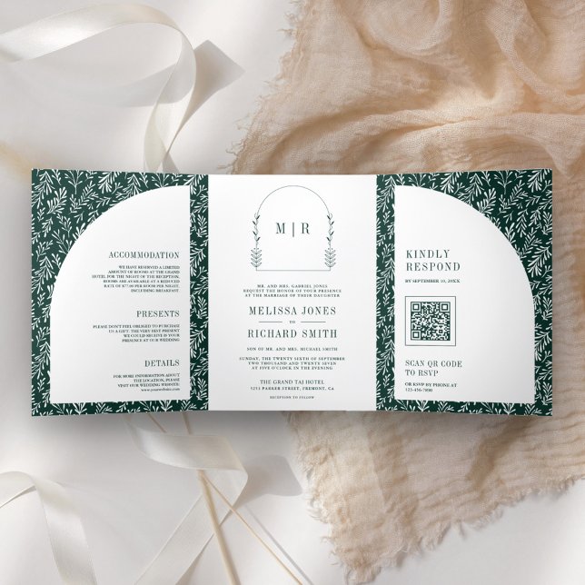 Minimal Line Art Leaf Arch Emerald Green Wedding Tri-Fold Invitation (Creator Uploaded)