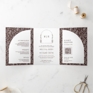 Minimal Line Art Leaf Arch Espresso Brown Wedding Tri-Fold Invitation