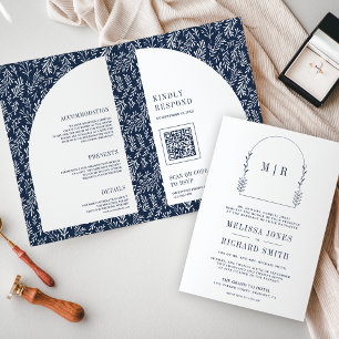 Minimal Line Art Leaf Arch Navy Blue Wedding Invitation