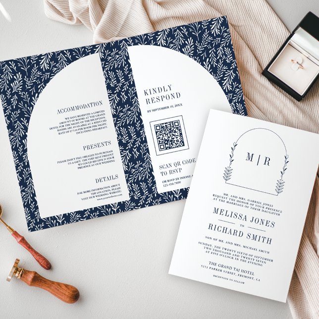 Minimal Line Art Leaf Arch Navy Blue Wedding Invitation (Creator Uploaded)