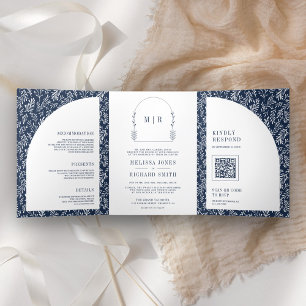 Minimal Line Art Leaf Arch Navy Blue Wedding Tri-Fold Invitation