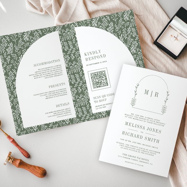 Minimal Line Art Leaf Arch Sage Green Wedding Invitation (Creator Uploaded)