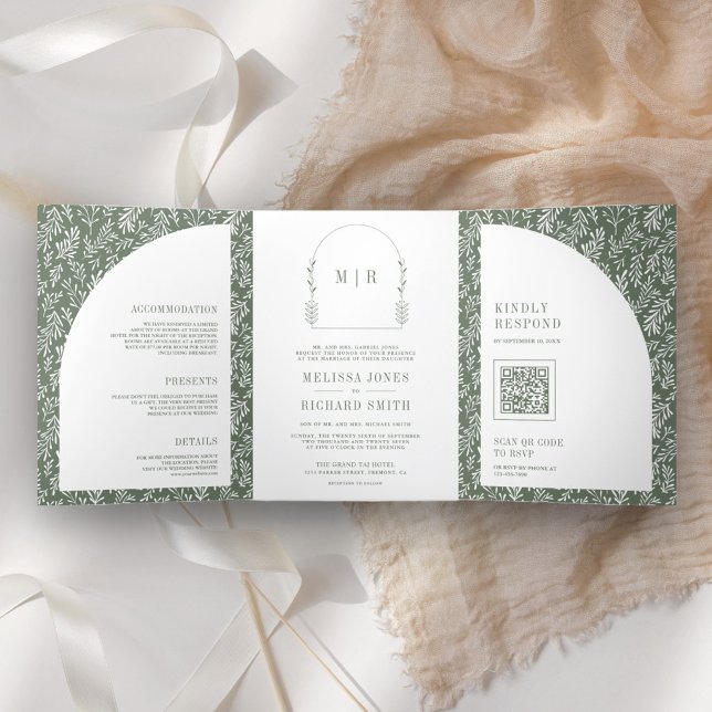 Minimal Line Art Leaf Arch Sage Green Wedding Tri-Fold Invitation (Creator Uploaded)