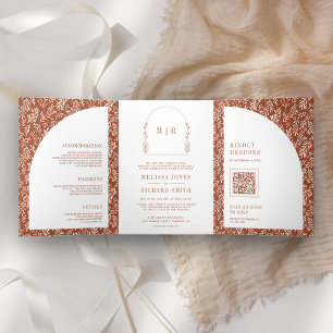 Minimal Line Art Leaf Arch Terracotta Wedding Tri-Fold Invitation