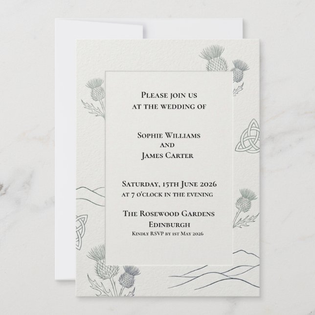 Minimal Line Art Thistle Celtic Scottish Wedding Invitation (Front)