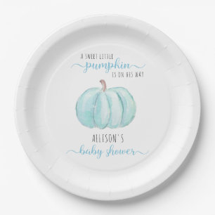 Minimal Little Pumpkin Watercolor Blue Baby Shower Paper Plate