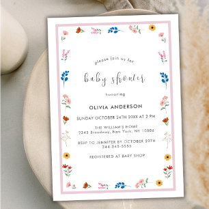 Minimal Little Wildflower Frame Girl Baby Shower Invitation