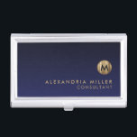 Minimal Luxury Brushed Gold Monogram Navy Blue Business Card Holder<br><div class="desc">Minimalist monogram design with brushed metallic gold monogram medallion with personalised name and title or custom text below on a gradient background in shades of navy blue. Personalise for your custom use.</div>