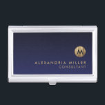 Minimal Luxury Brushed Gold Monogram Navy Blue Business Card Holder<br><div class="desc">Minimalist monogram design with brushed metallic gold monogram medallion with personalised name and title or custom text below on a gradient background in shades of navy blue. Personalise for your custom use.</div>