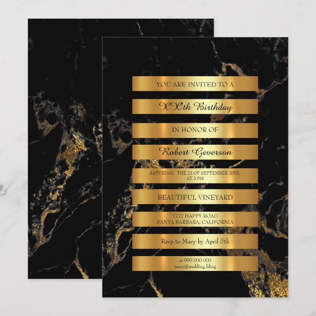 Minimal Luxury Gold Stripes Black Marble Vip Invitation (Front/Back)